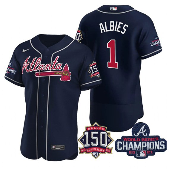 Men's Atlanta Braves #1 Ozzie Albies 2021 Navy World Series Champions With 150th Anniversary Flex Base Stitched Jersey Men's Atlanta Braves #1 Ozzie Albies 2021 Navy World Series Champions With 150th Anniversary Flex Base Stitched Jersey